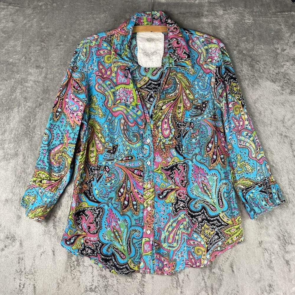Cino Top Womens Size L Bright Paisley Button Front Shirt 3/4 Sleeves Lightweight